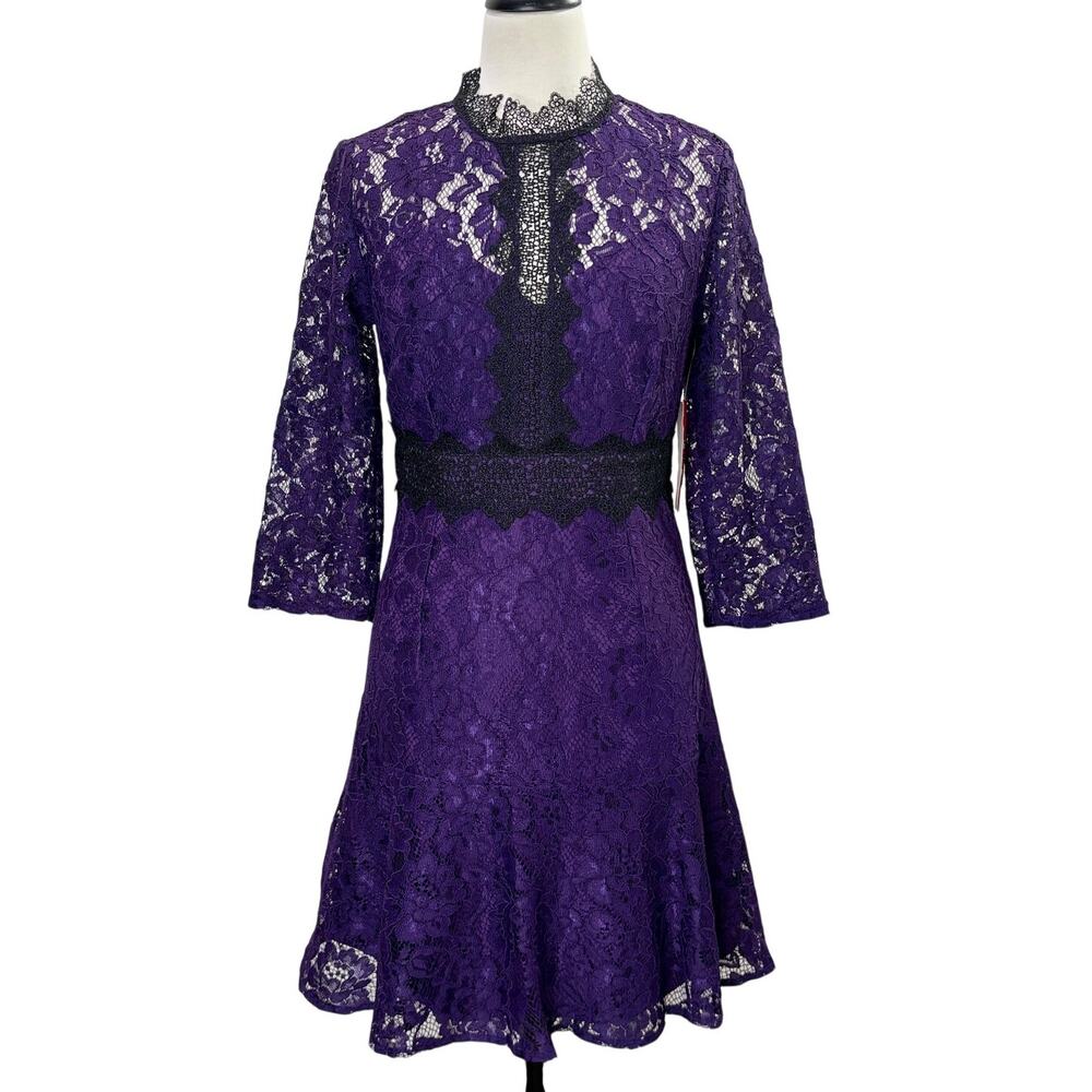 Little Mistress Petite US 6 Lace Dress Plum Black High Neck Wednesday Addams